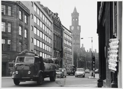 Market Street, Bradford, showing the town hall and a lorry carrying bales of wool (retouched). Image originally used as one of the photographic illustrations in 