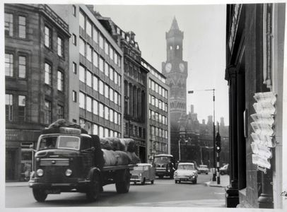 Market Street, Bradford, showing the town hall and a lorry carrying bales of wool (retouched). Image originally used as one of the photographic illustrations in 