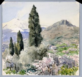 Sketch, Mount Etna in snow, from Cuseni, verso Marionette Theatre, Taormina
