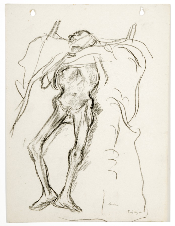 Belsen drawing, vertical format, skeletal figure on stretcher