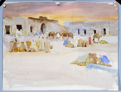 Camels at the Caravanserai/Market, Kairouan, blocked out for watercolour composition.