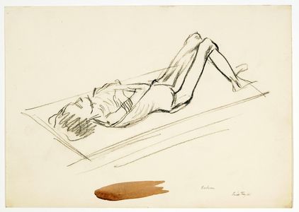 Belsen drawing, horizontal format, skeletal figure on stretcher