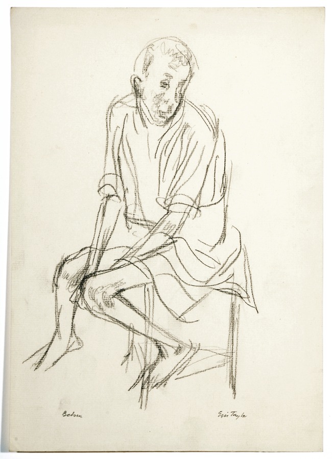 Belsen drawing, seated figure with bare knees