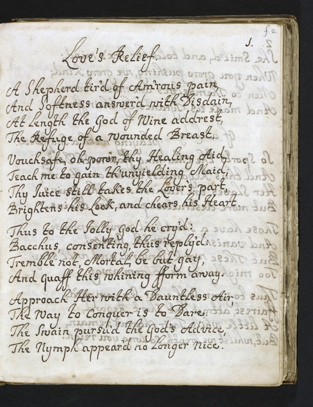 BC MS Lt 52, f. 2r: The opening of "Love's relief", an anonymous poem. Image credit Leeds University Library