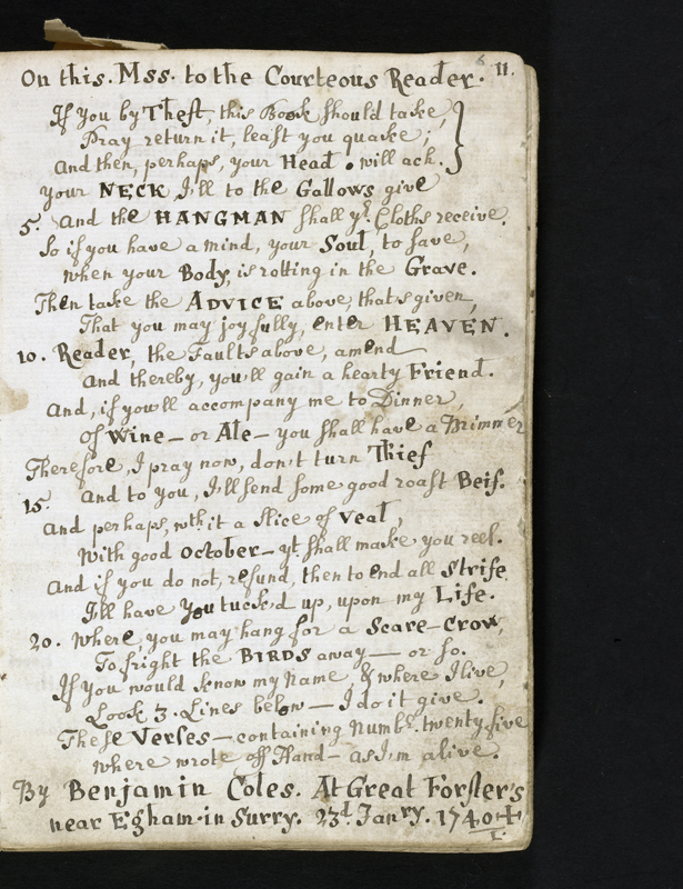 BC MS Lt 53, f. 6r: Benjamin Coles's poem "On this Mss to the courteous reader". Image credit Leeds University Library