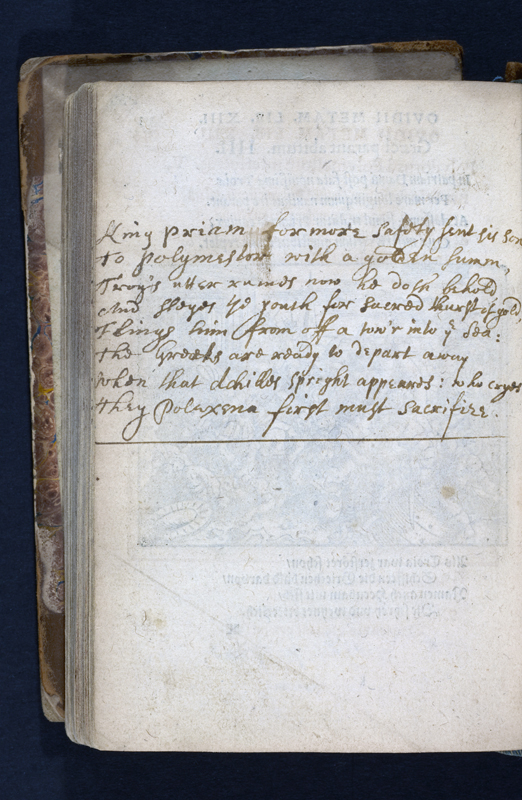 BC MS Lt 76, f. 159v: "Polydorus slaine by Polymestor", and extract from an anonymous verse-rendering of Ovid's 'Metamorphoses'. Image credit Leeds University Library