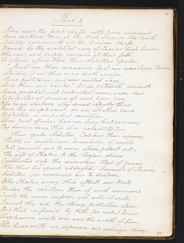 BC MS Lt 92, f. 3r: The opening of James Morrice's blank-verse translation of Homer's 'Iliad'. Image credit Leeds University Library