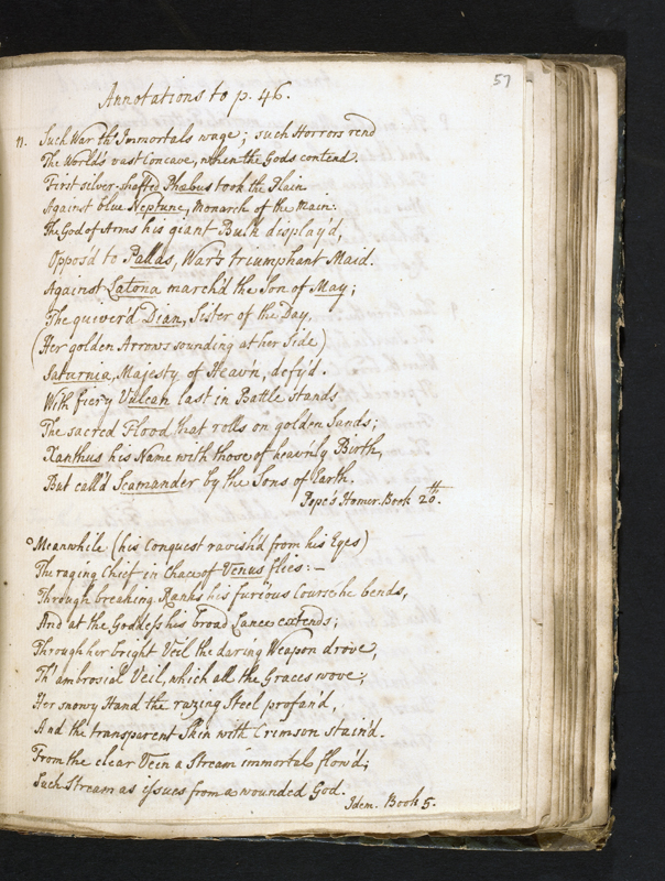 BC MS Lt 95, f. 57r: "Such war th'immortals wage such horrors rend" and "Meanwhile his conquest ravish'd from his eyes", extracts from Alexander Pope's translation of Homer's 'Iliad'. Image credit Leeds University Library