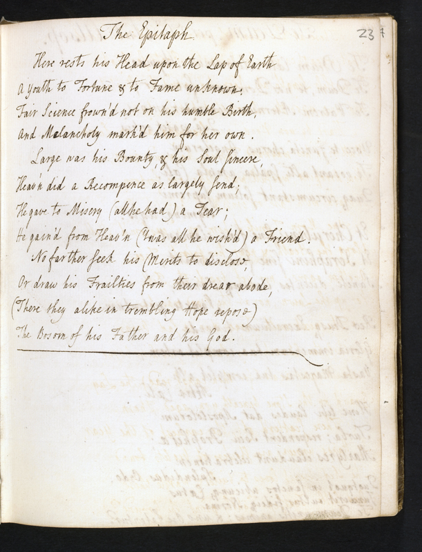 BC MS Lt 99, f. 23r: The Epitaph from Thomas Gray's "An Elegy written in a Country Church Yard". Image credit Leeds University Library