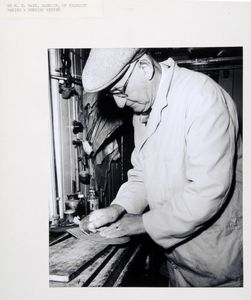 Mr M.E.Ward, saddler, of Helmsley, making a hedging mitten. . Probably associated with the series of photographs used to illustrate  