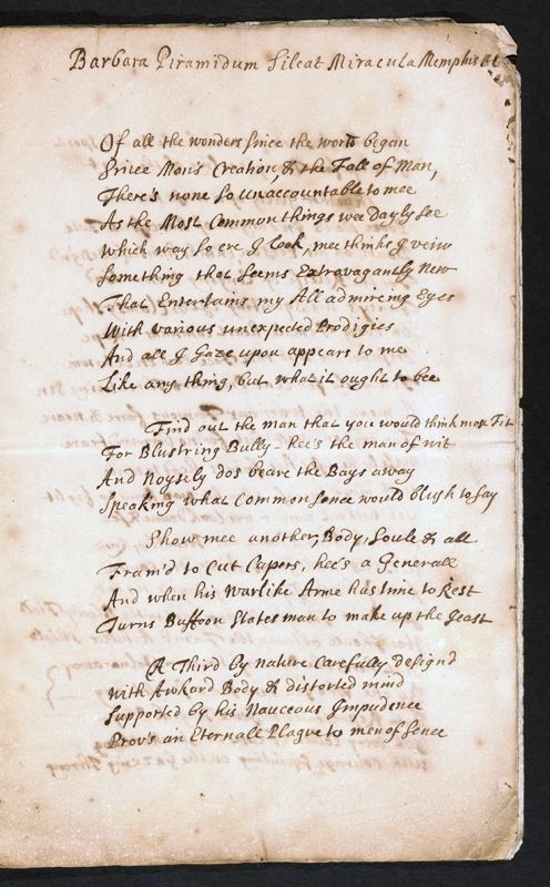 BC MS Lt q 28, f.1r: The opening of "Of all the wonders since the world began", an anonymous satire on contemporary poets. Image credit Leeds University Library
