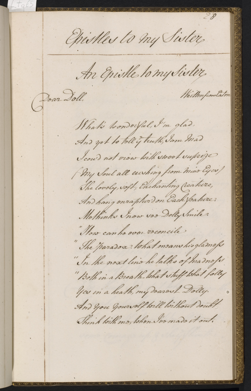 BC MS Lt q 65, f.28r: The opening of William Tunstall's poem "An epistle to my sister". Image credit Leeds University Library