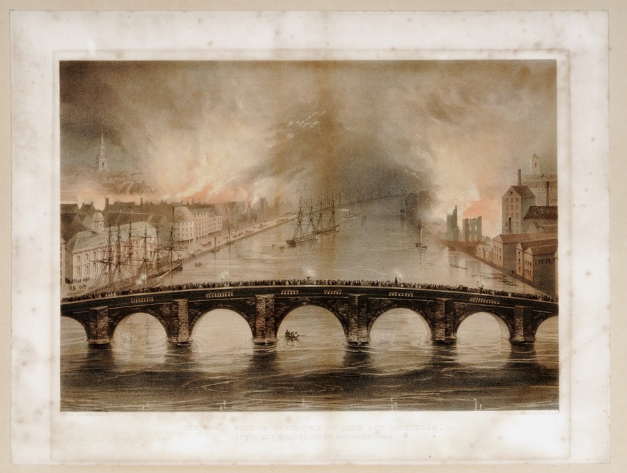The Great Fire at Newcastle and Gateshead after the explosion 6th October 1854, colour lithograph by Day and son, published by James Hardy, Newcastle on Tyne