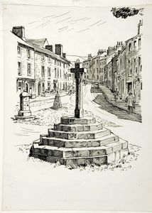 Market Cross and Main Street, Askrigg. (?Original drawing proposed for 