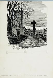 The church looms dark beyond leafless trees' (Askrigg Church and Market Cross). Original drawing used in 