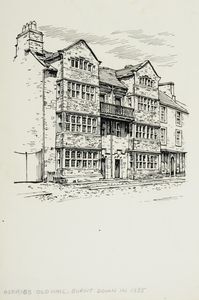 The Old Hall, with the eighteenth-century additions of the balcony and upper doors (Askrigg Old Hall, burnt down in 1935). Original drawing used in 