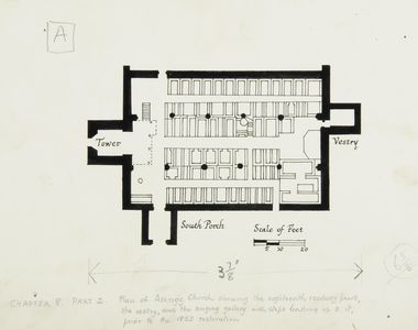 Plan of Askrigg Church, showing eighteenth-century pews, vestry and singing gallery prior to 1853 restoration. Original drawing used in 