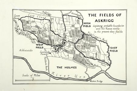 The Fields of Askrigg depicting probable boundaries and the Ranes visible in the present day fields. Original drawing used in 