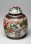 Ginger jar and lid, decorated with painted figures and a crackled glaze