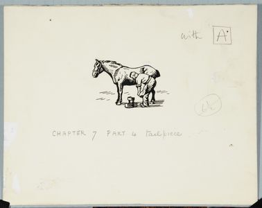 Blacksmith fixing a horse's shoe. Original drawing used as a tailpiece in 