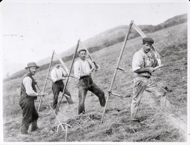 Haymaking at Muker, Swaledale. Inscribed in pencil on reverse 