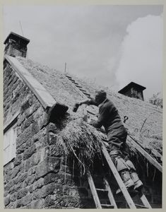 Mr Seth Eccles, thatcher, of Helmsley, thatching Oak Hill in Farndale. Probably associated with the series of photographs used to illustrate  
