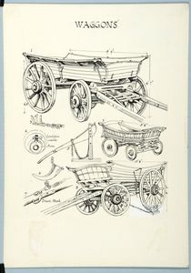 Waggons and parts. One from Fangdale Beck, Bilsdale, probably made by John Johnson; a child's waggon made by Daniel Speight (1836); brake shoe, naf, jack, grease horn and part of a shaft showing hooks for harness, and a waggon made by J.Harrison and sons,