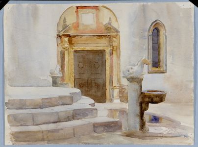 Fountain by Duomo, Taormina; verso, watercolour sketch, location not as yet identified