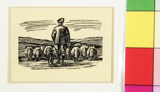 Man and Sheep (shepherd and dog driving flock), recent impression from the block originally used as one of the tailpieces in 