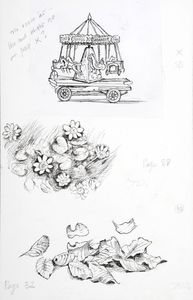 Top, children's roundabout aboard a waggon; centre, a clump of celandines; bottom, a pile of leaves, some caught by the wind. Original drawings prepared for 