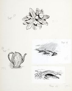 Top, primroses; centre left, teapot; centre right, figures walking in the rain; lower right, sheep at a bridge. Original drawings prepared for 