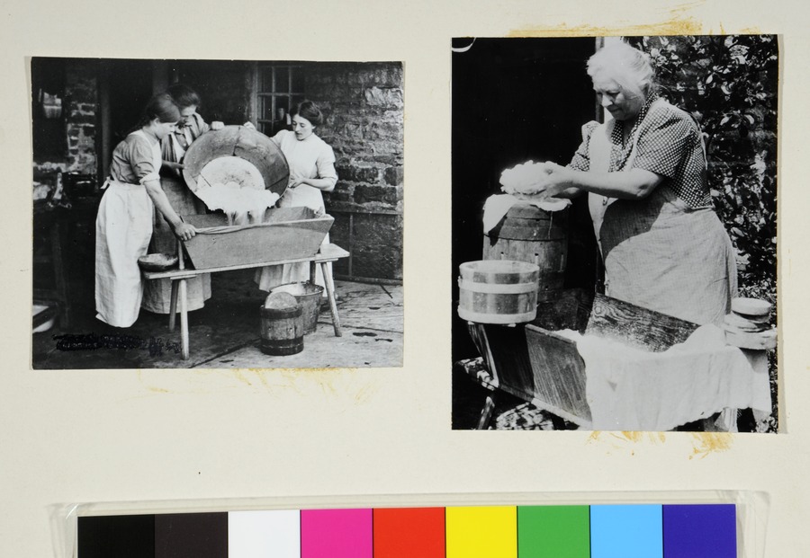 Left: Mrs W.Birkett, West Park, and helpers pouring curds into the cheese trough (c.1915); Right: Mrs W.Birkett putting curds into a cheese vat (c.1939). Images used for photographic illustrations in 