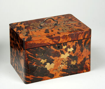 'Tortoiseshell' box, decorated with birds and foliage in gold, with two compartments (tea-caddy)