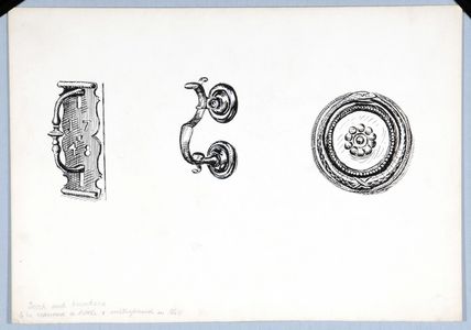 Left, sneck with pierced figures 1748; centre, ?knocker; right, Eternity knocker. Original drawings used in 