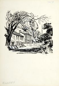 The houses ?dwarfed by the nearness of the crag [Kilnsey[]. Original drawing used in 