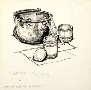 Cheese Kettle, old cheese-making utensils. Original drawing used in 