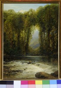 River Landscape with Trees and Mountains Beyond