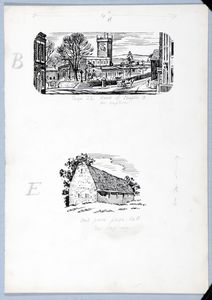 Above, the village church and below, old barn. Original drawings used in 