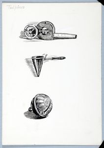 Top, iron fire bellows;centre, Mulling pan; bottom, Packhorse bell. Original drawing used as tailpieces in 