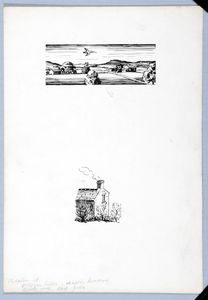 Above, October Hills - a curlew flying across meadows; below, Gable end. Original drawings used in 