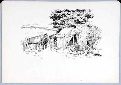 The potters made an attractive picture by the roadside. Original drawing used in 