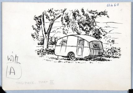 Caravan (The Green Plover) parked under a tree. Original drawing used as a tailpiece in 