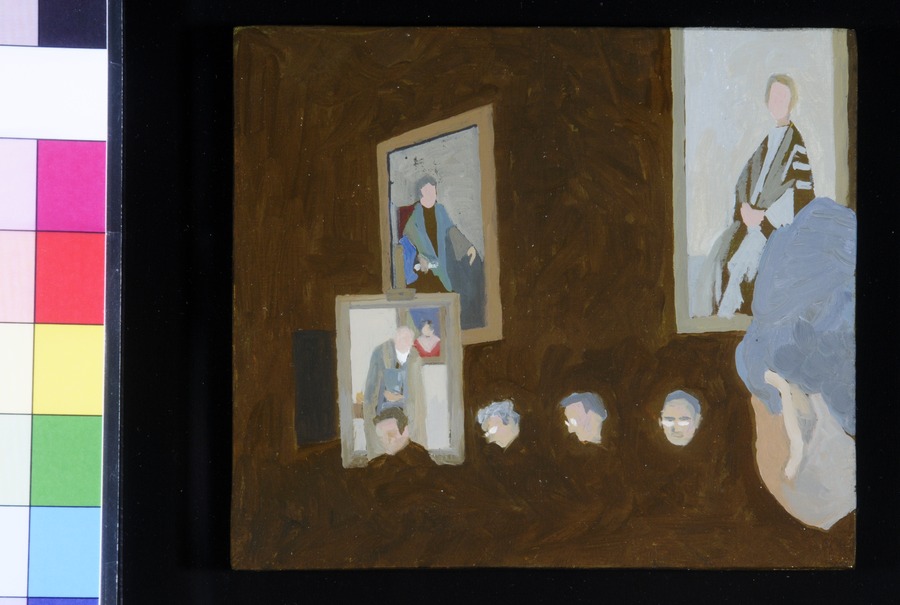 New Portrait of Edward Boyle (Itself representing a 19th C portrait) presented to Senate, with Charley Mo and the Annigoni shown right, 2 Feb 1983