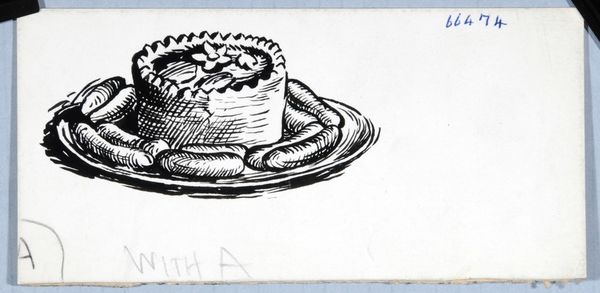 Raised pork pie surrounded by a link of sausages. Original drawing used as a tailpiece in 