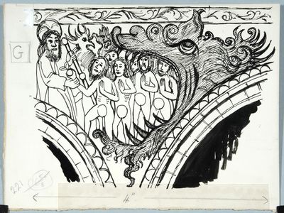 Mural, Pickering Church, Descent into Hades. Original drawing used in 