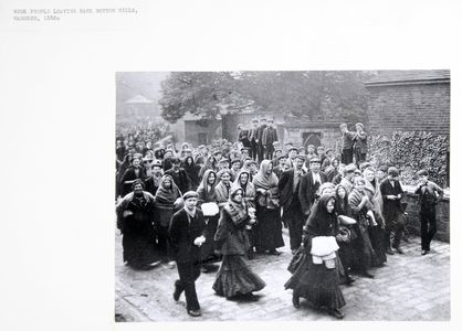 Work people at Bank Bottom Mill, Marsden, leaving the mill at Saturday dinner time. (1880s). Image used for one of the photographic illustrations in 
