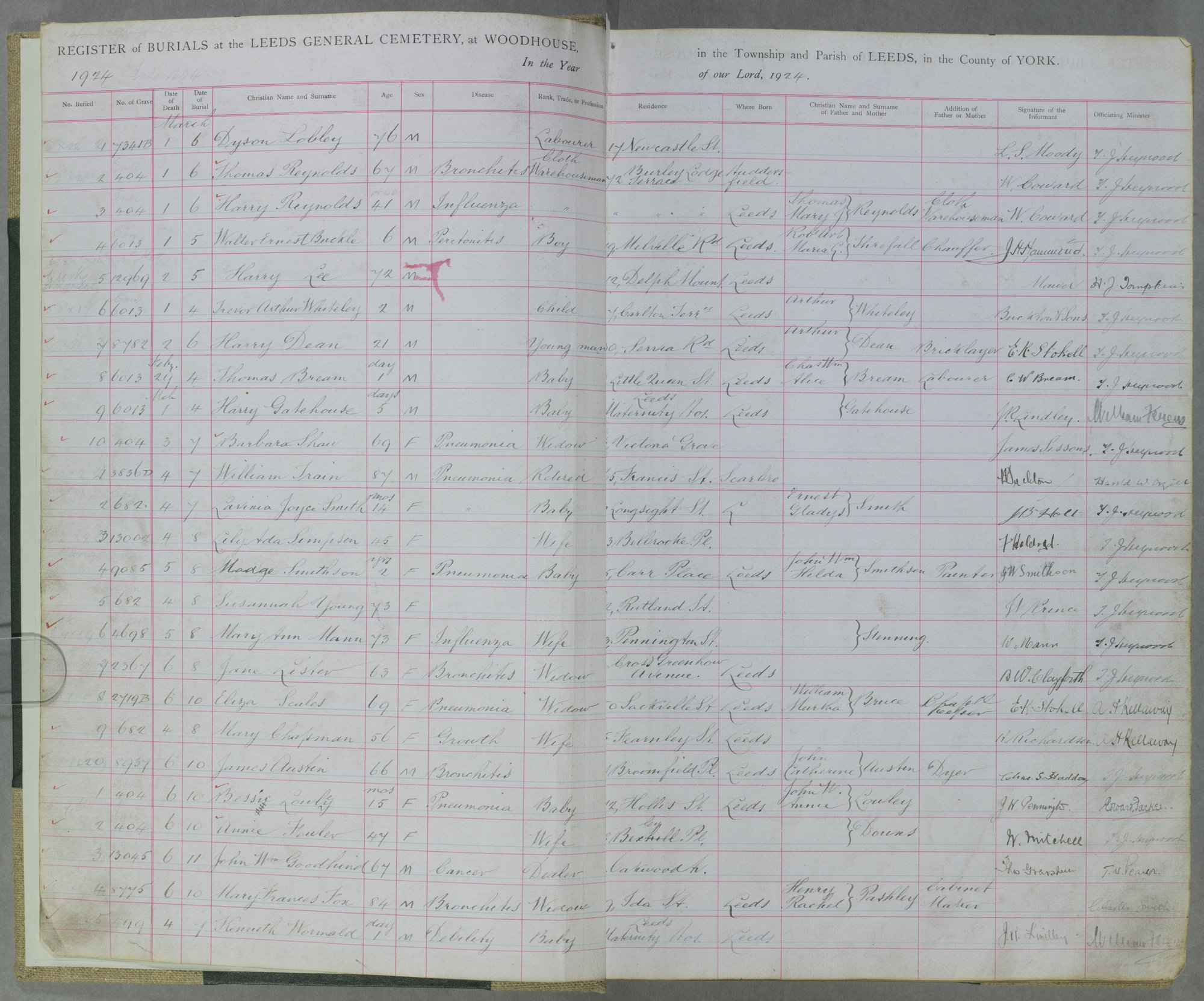 Burial Register 22 Image credit Leeds University Library